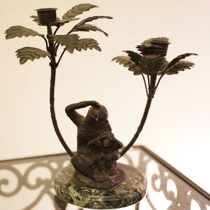 Bronze Finish Monkey Figurine Candlestick Holder with Green Marble Base HEAVY
